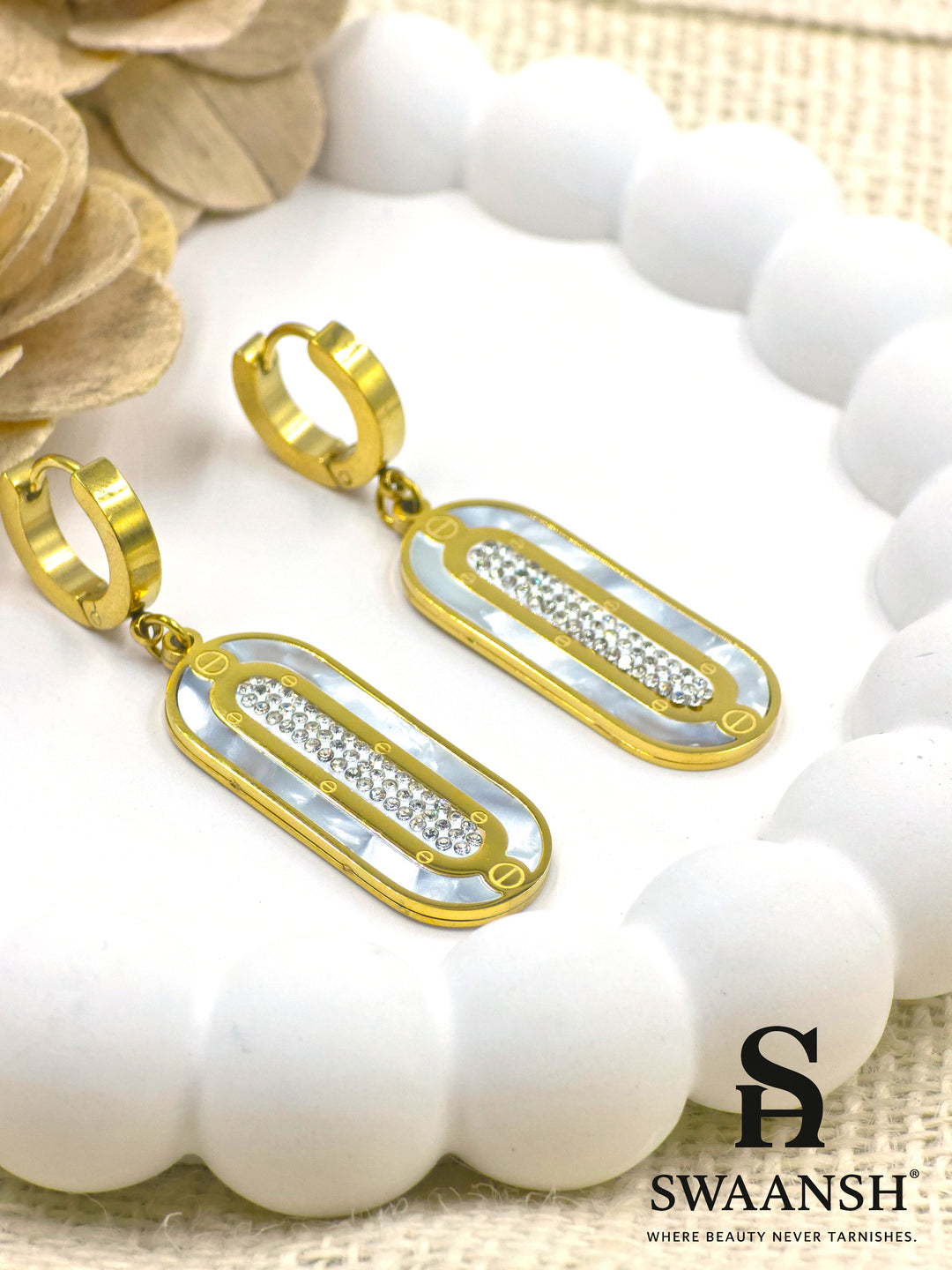 White prism drop earrings with mother of pearl and crystals – EMH110 by Swaansh