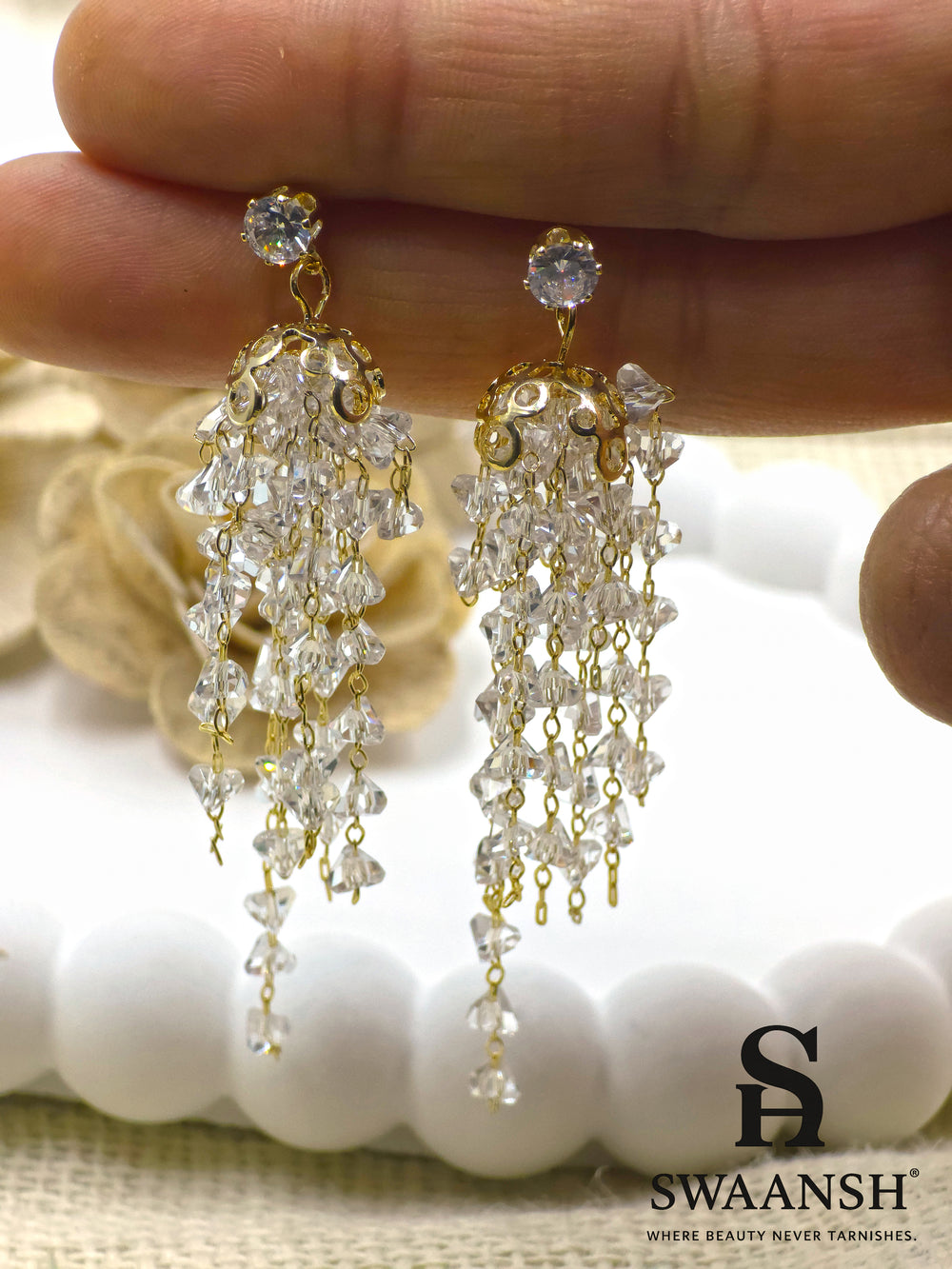 Gold chain earrings with faceted crystal drops and solitaire stud top – Swaansh