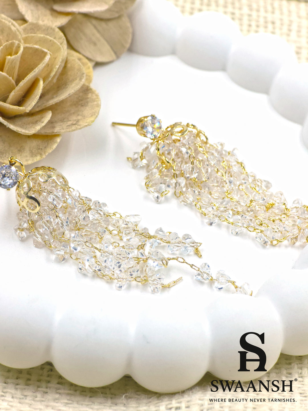 Gold chain earrings with faceted crystal drops and solitaire stud top – Swaansh