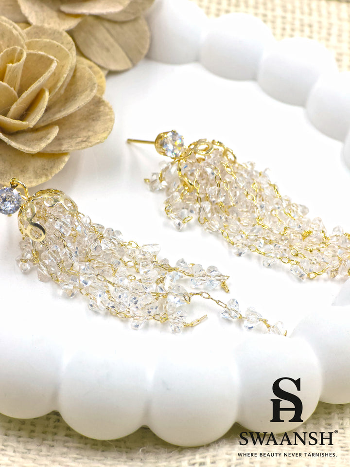Gold chain earrings with faceted crystal drops and solitaire stud top – Swaansh