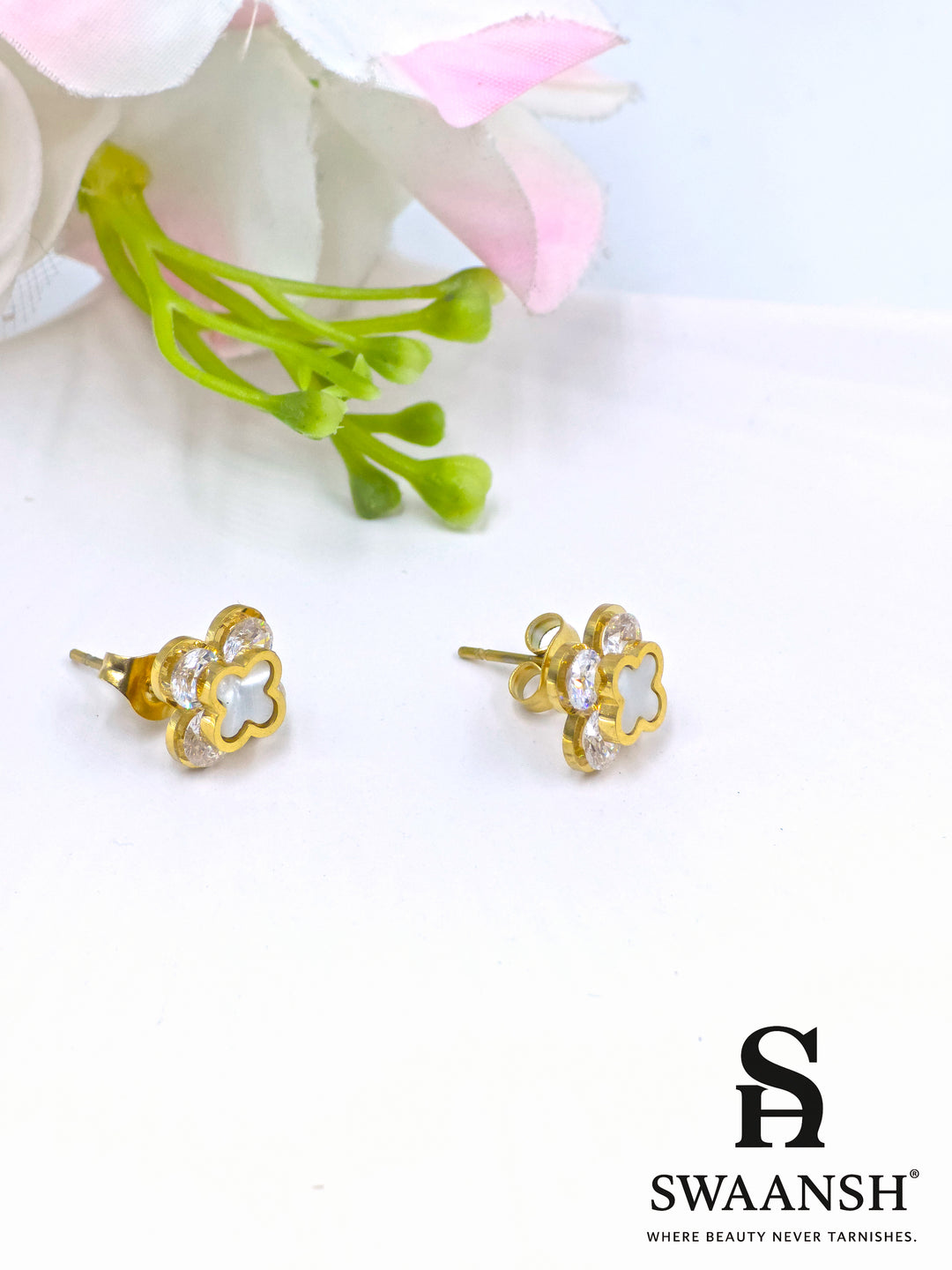 Petite clover stud earrings with mother of pearl and crystal accents – EPH113 by Swaansh