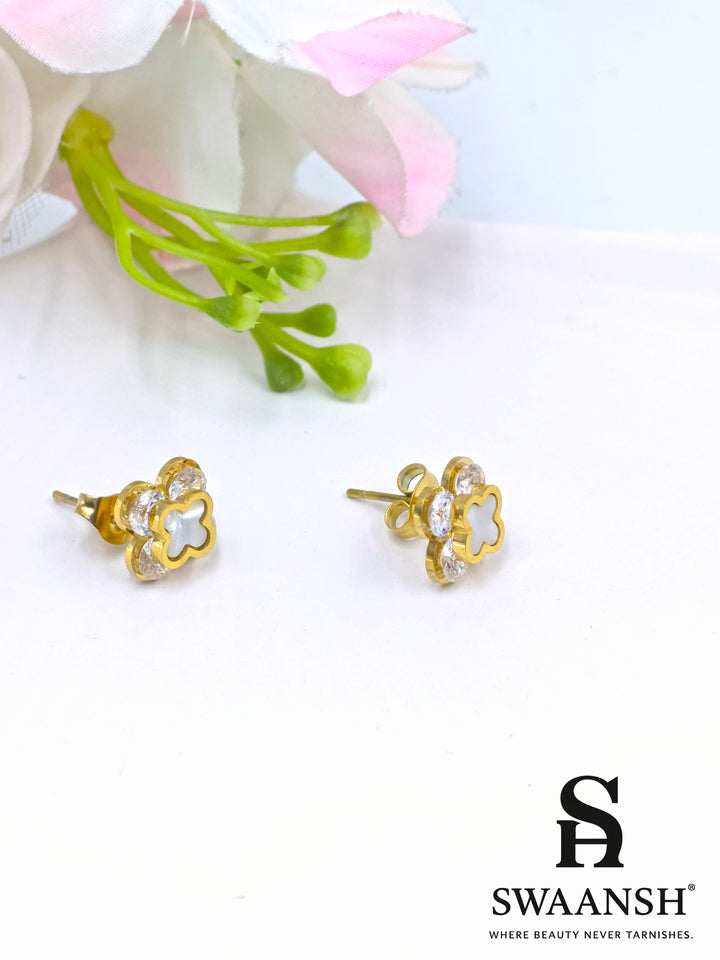 Petite clover stud earrings with mother of pearl and crystal accents – EPH113 by Swaansh
