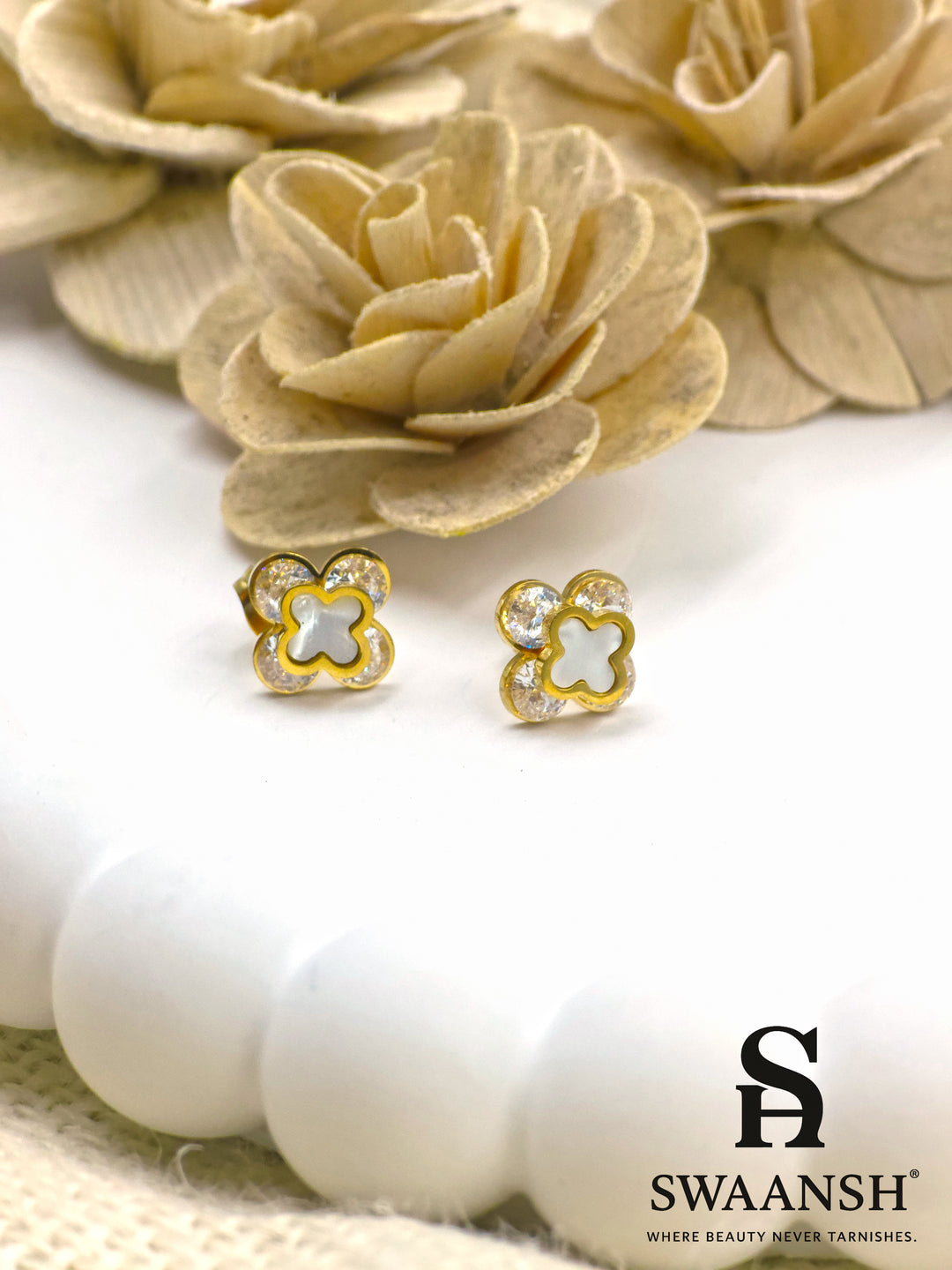 Petite clover stud earrings with mother of pearl and crystal accents – EPH113 by Swaansh