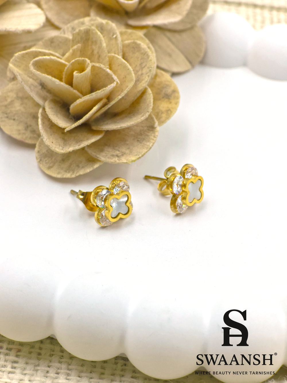 Petite clover stud earrings with mother of pearl and crystal accents – EPH113 by Swaansh