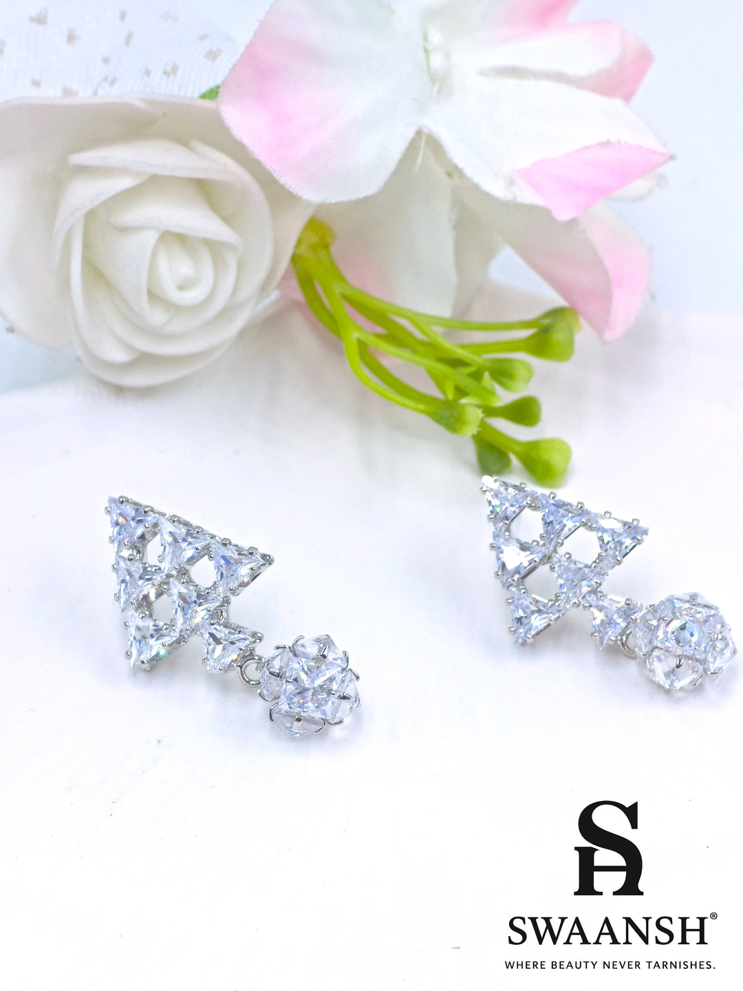 Silver triangle earrings with trillion crystals and round orb drop – Swaansh