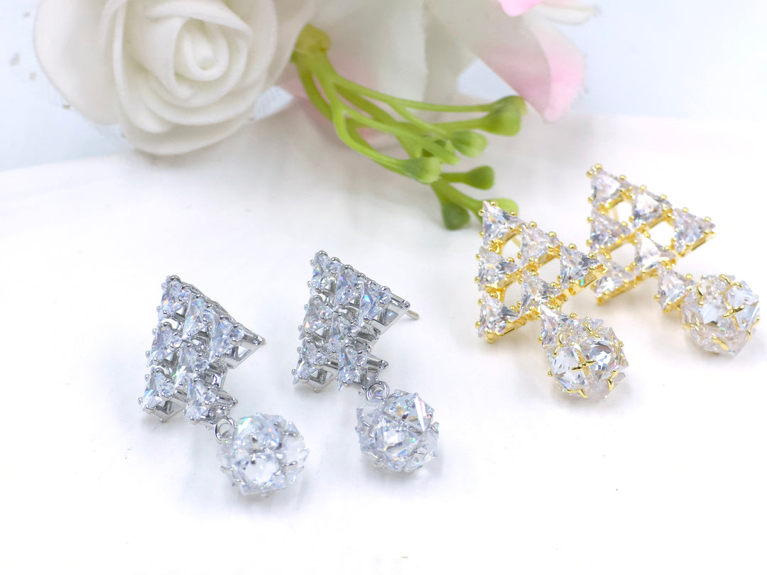 Silver triangle earrings with trillion crystals and round orb drop – Swaansh