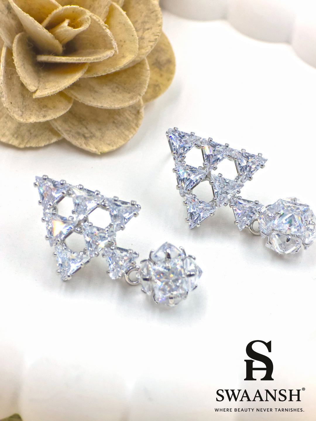Silver triangle earrings with trillion crystals and round orb drop – Swaansh