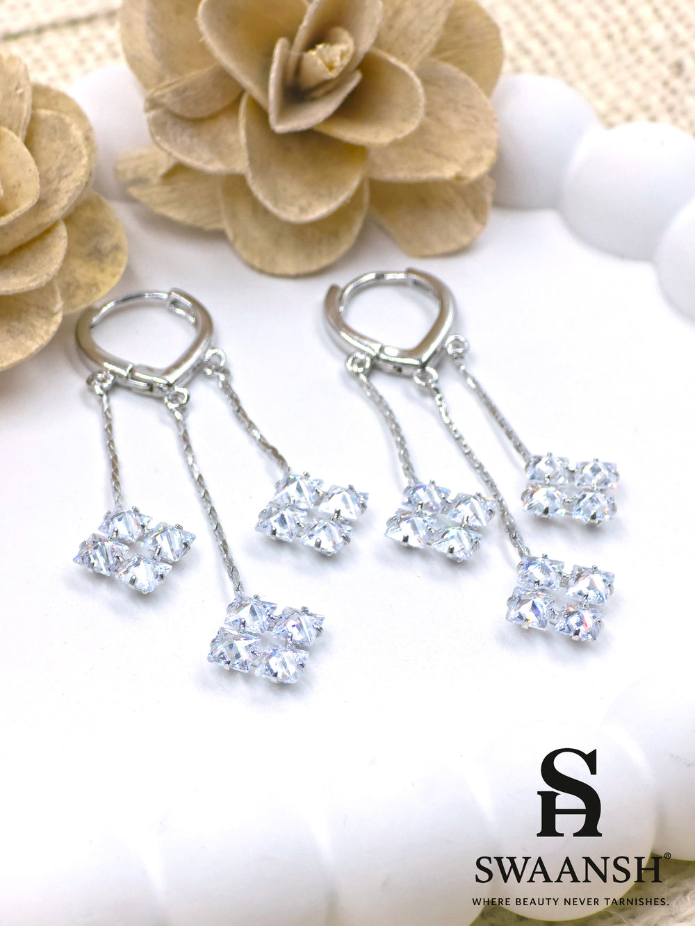 Silver twin strand earrings with square crystal clusters in a luxe setting – Swaansh