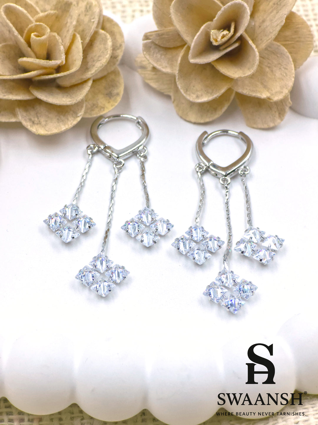 Silver twin strand earrings with square crystal clusters in a luxe setting – Swaansh