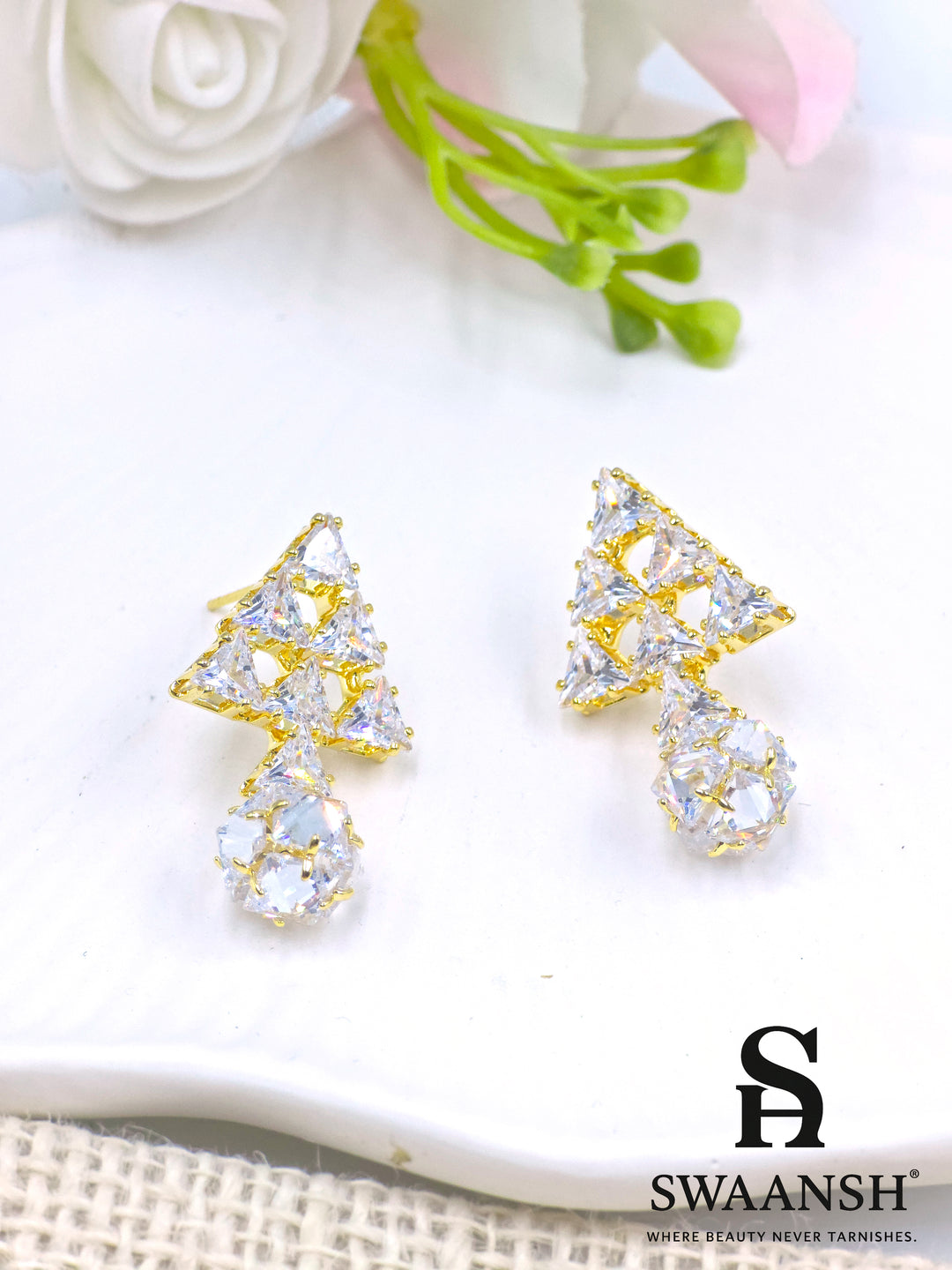 Gold triangle and crystal orb earrings with luxe cluster setting – Swaansh
