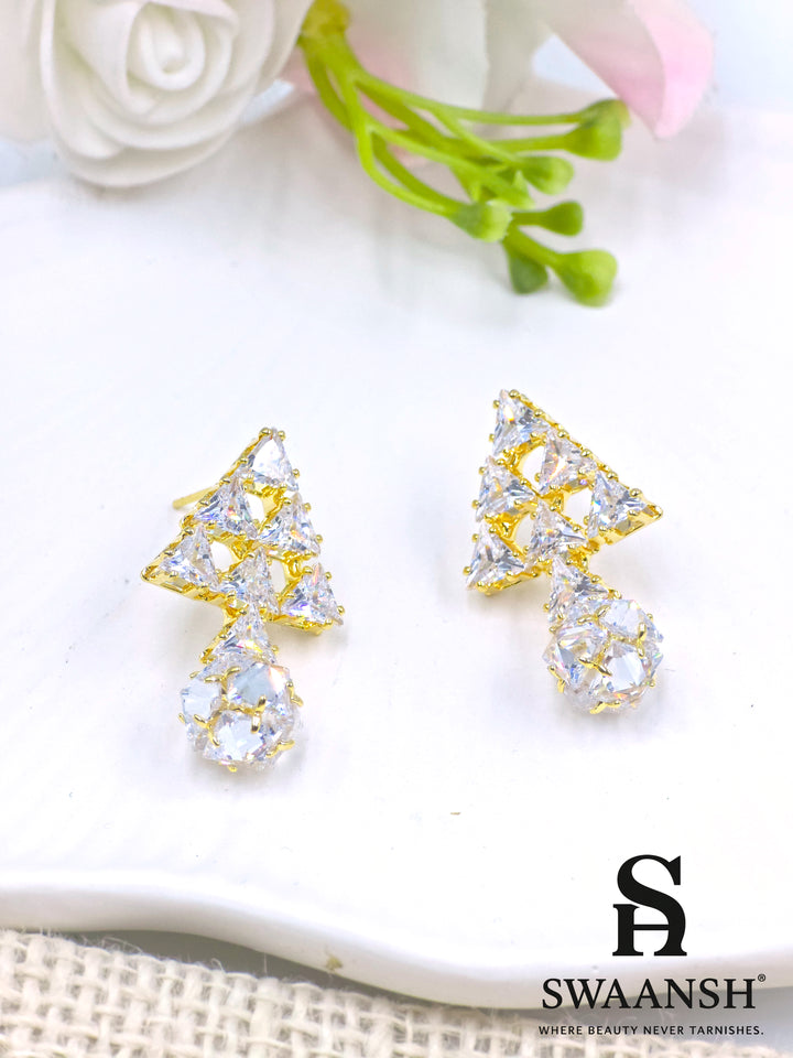Gold triangle and crystal orb earrings with luxe cluster setting – Swaansh