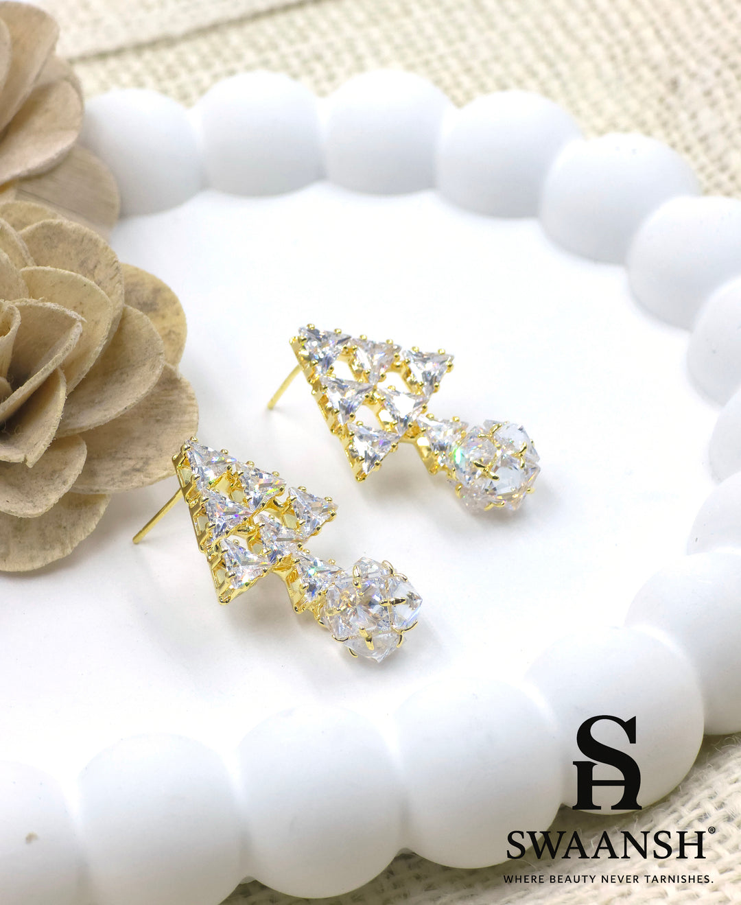 Gold triangle and crystal orb earrings with luxe cluster setting – Swaansh