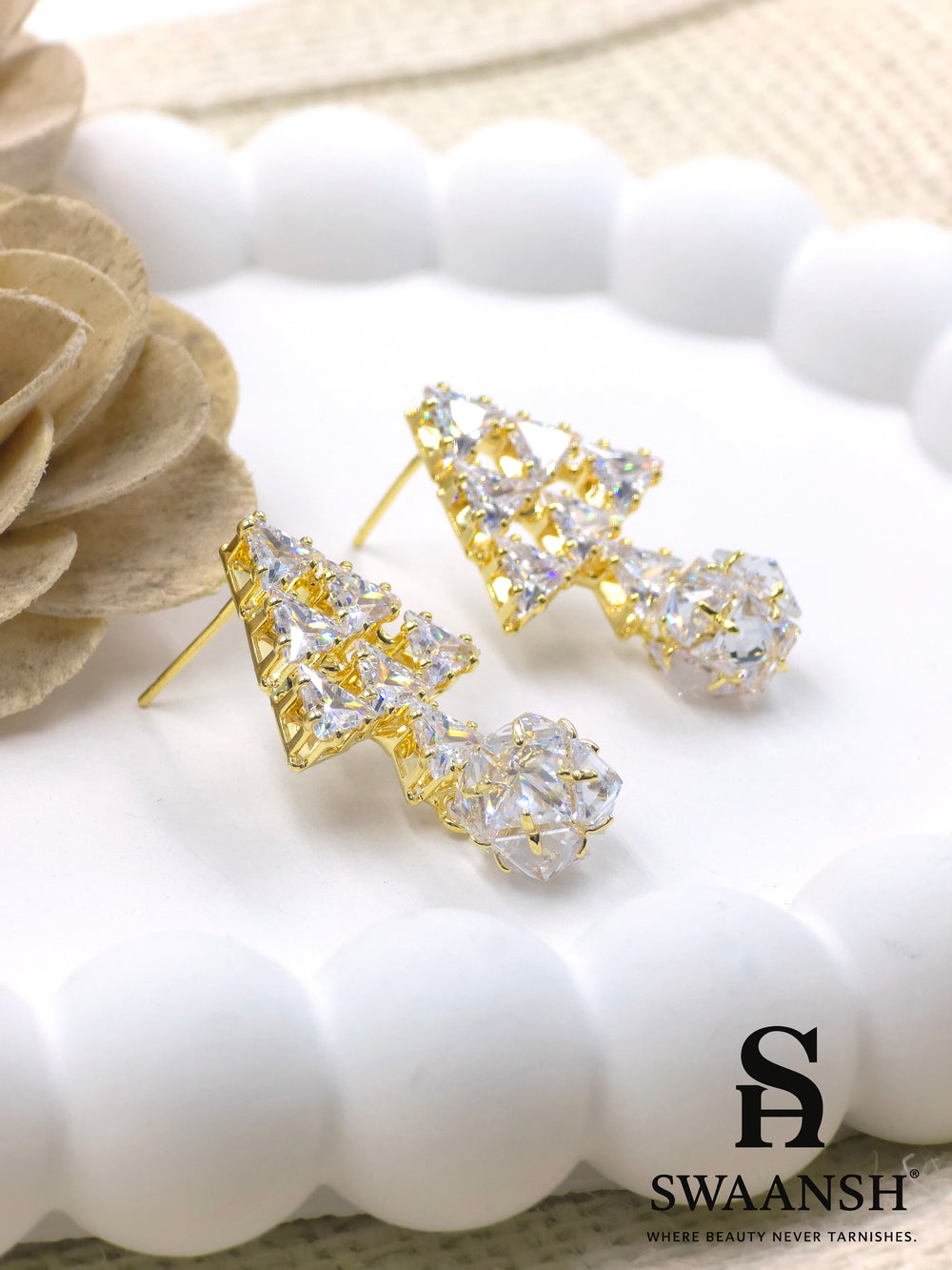 Gold triangle and crystal orb earrings with luxe cluster setting – Swaansh