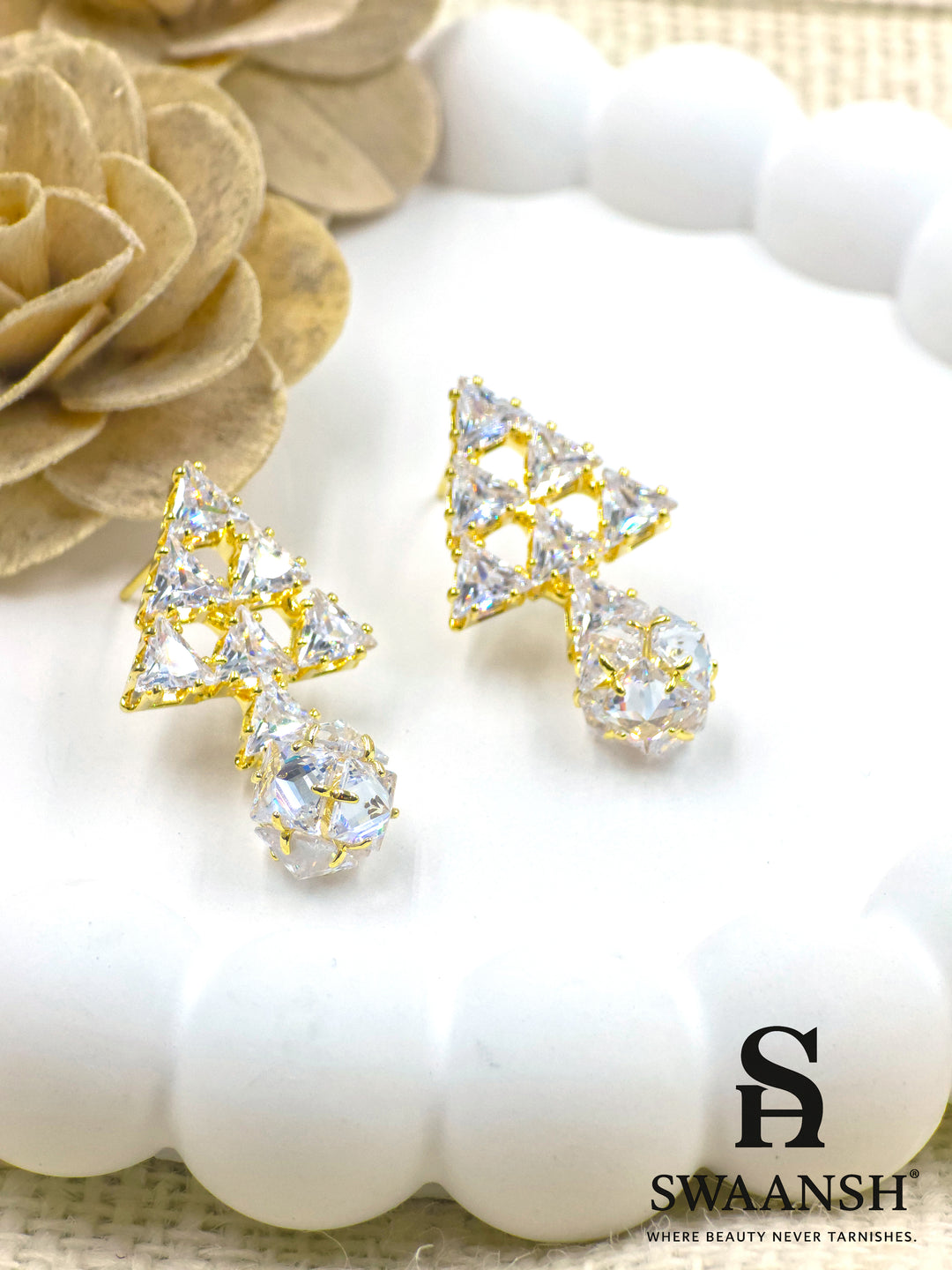 Gold triangle and crystal orb earrings with luxe cluster setting – Swaansh