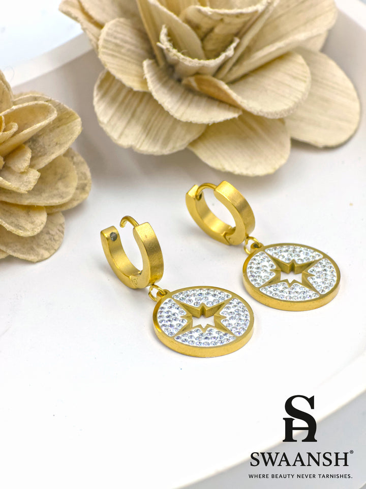 Gold round drop earrings with crystal starburst cut design and matte hoop – Swaansh