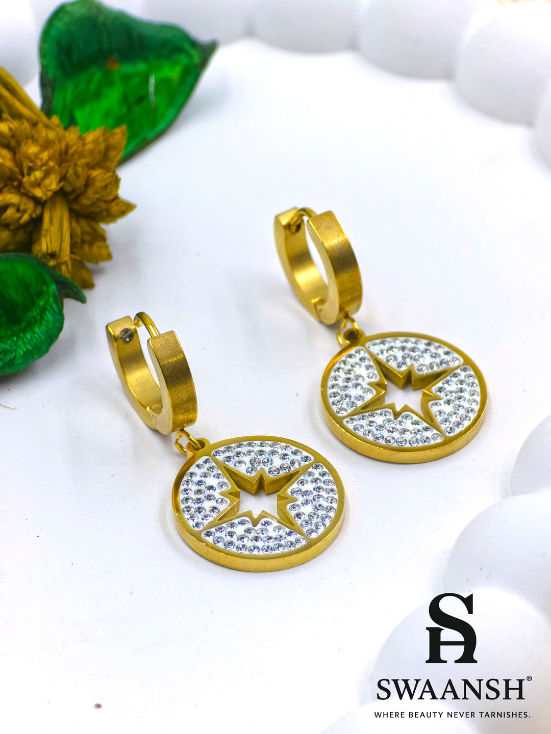 Gold round drop earrings with crystal starburst cut design and matte hoop – Swaansh