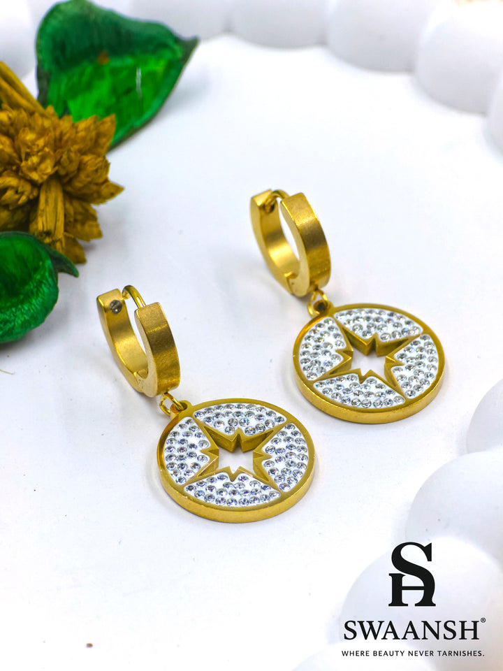 Gold round drop earrings with crystal starburst cut design and matte hoop – Swaansh