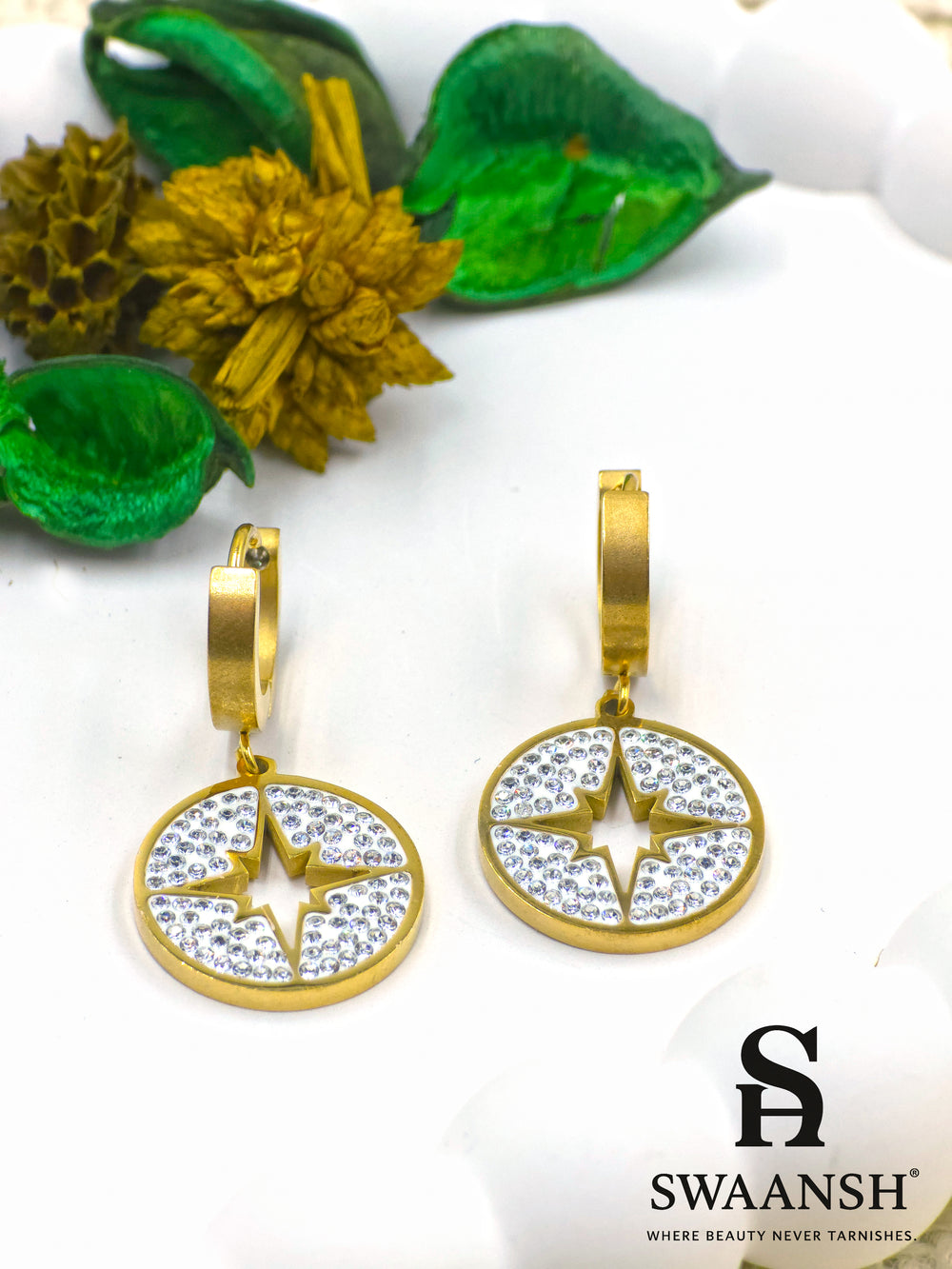 Gold round drop earrings with crystal starburst cut design and matte hoop – Swaansh
