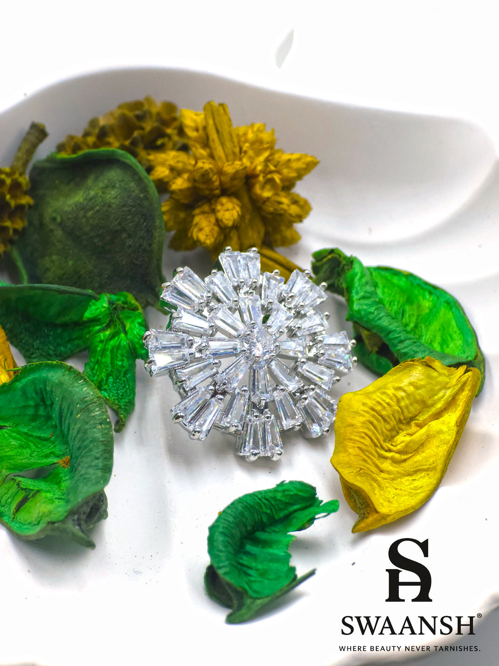 Silver starburst earrings with baguette zirconia and central solitaire – Swaansh