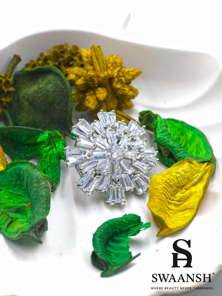 Silver starburst earrings with baguette zirconia and central solitaire – Swaansh
