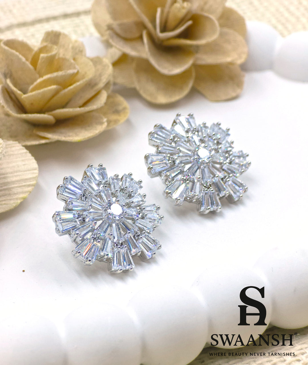 Silver starburst earrings with baguette zirconia and central solitaire – Swaansh
