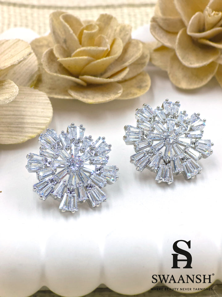 Silver starburst earrings with baguette zirconia and central solitaire – Swaansh
