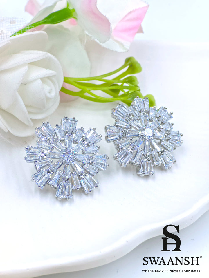 Silver starburst earrings with baguette zirconia and central solitaire – Swaansh