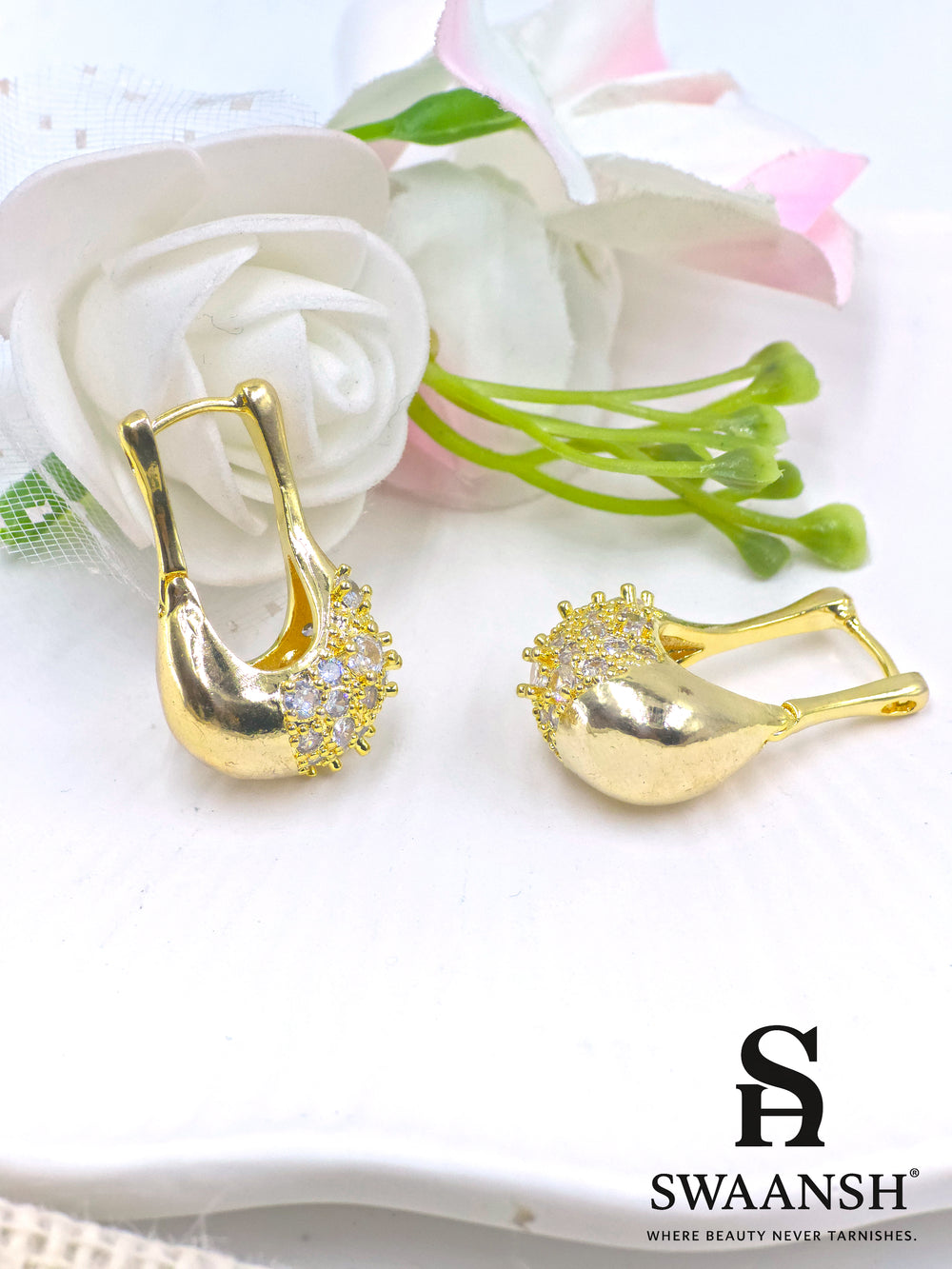 Gold molten dome earrings with partial crystal-studded surface and sculpted finish – Swaansh