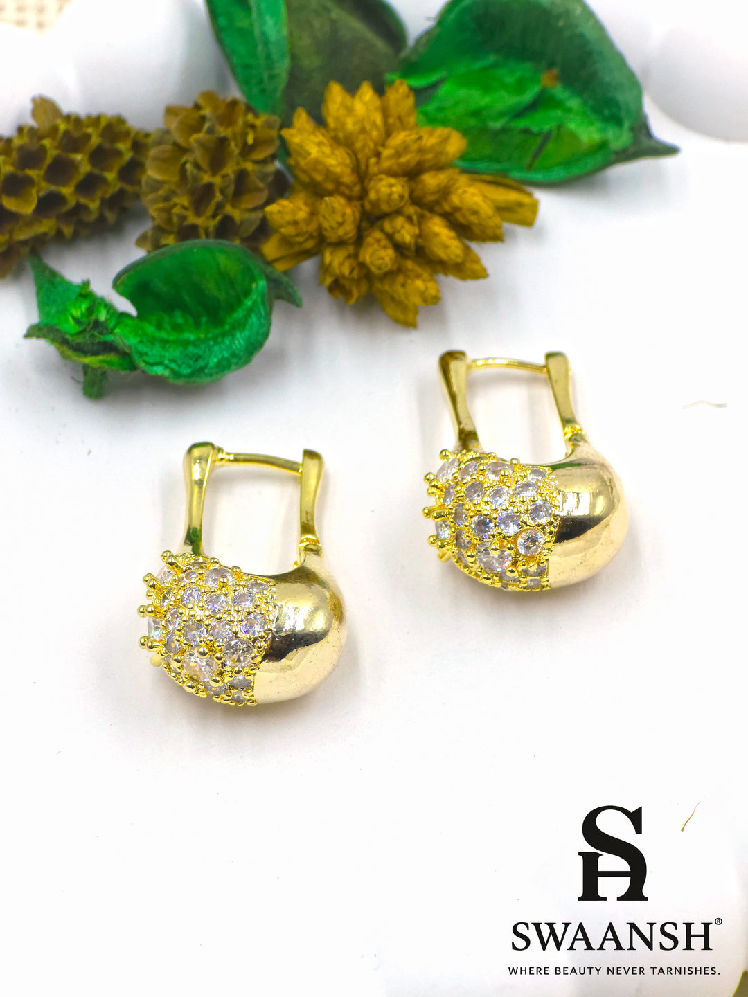 Gold molten dome earrings with partial crystal-studded surface and sculpted finish – Swaansh