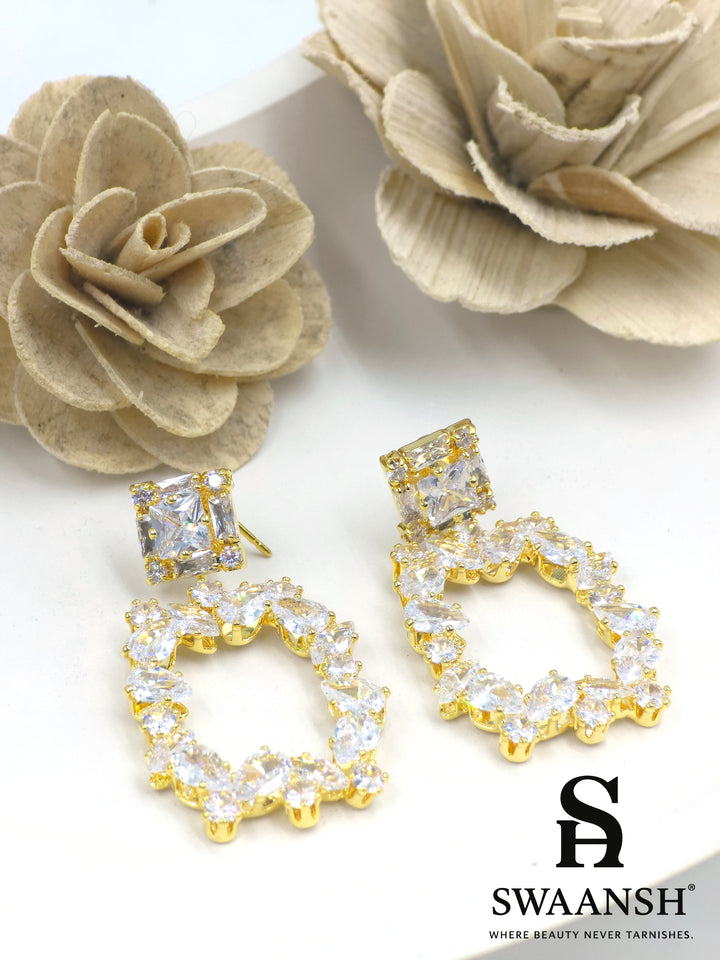 gold statement earrings, marquise crystal earrings, frame drop earrings, swaansh luxe earrings, anti-tarnish bridal jewellery, regal festive earrings, party wear accessories