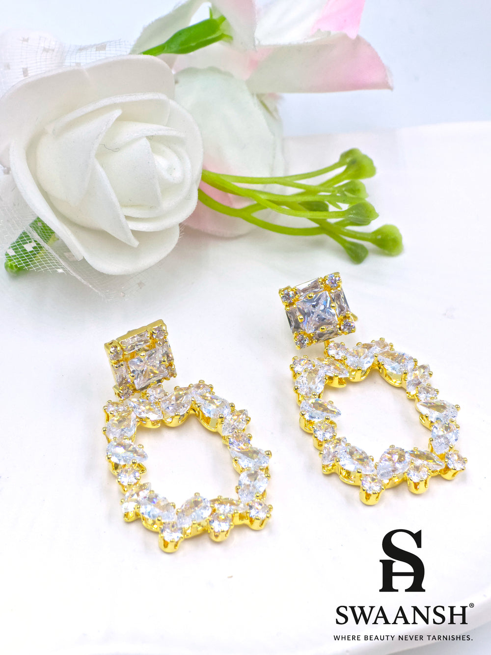 gold statement earrings, marquise crystal earrings, frame drop earrings, swaansh luxe earrings, anti-tarnish bridal jewellery, regal festive earrings, party wear accessories