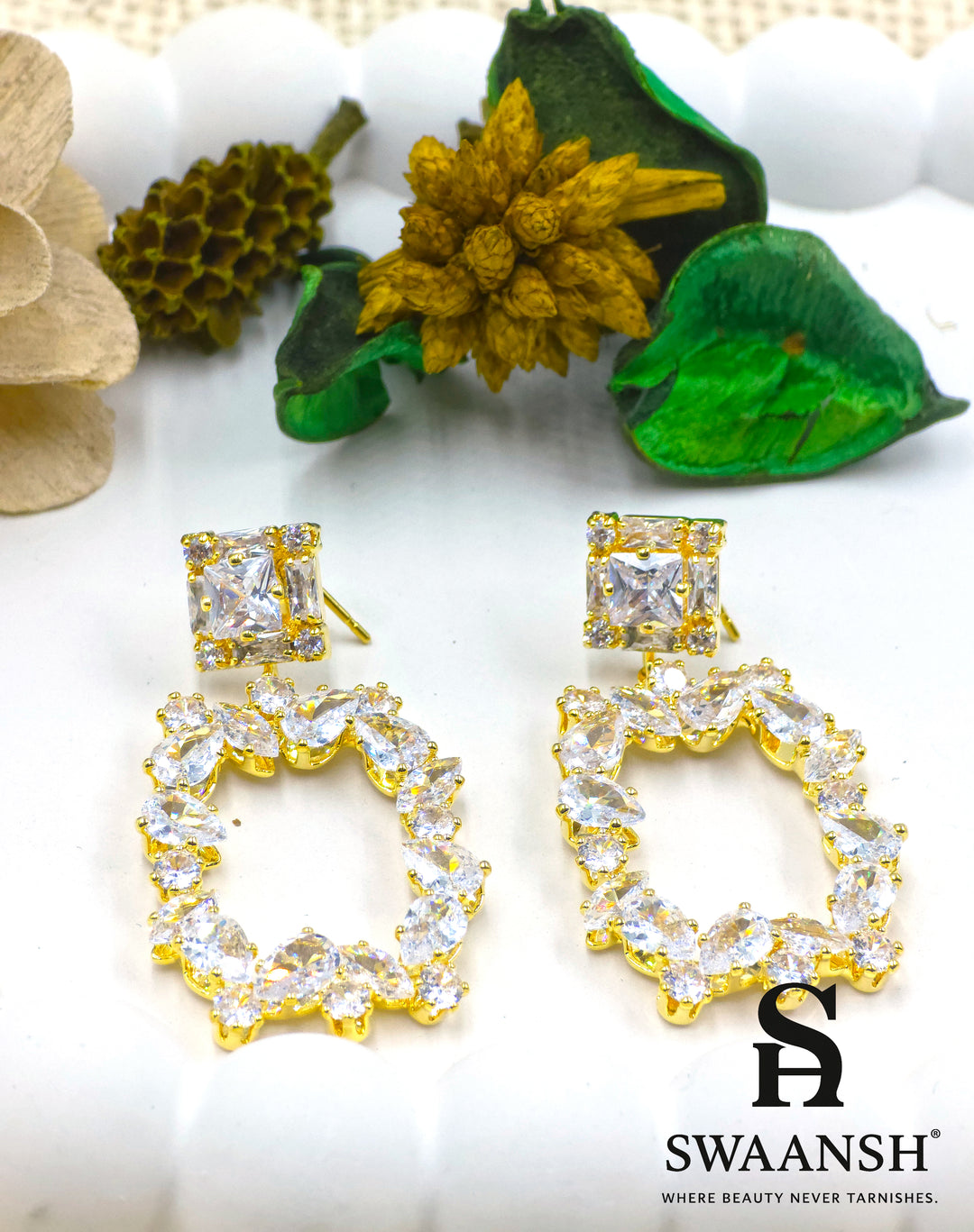 gold statement earrings, marquise crystal earrings, frame drop earrings, swaansh luxe earrings, anti-tarnish bridal jewellery, regal festive earrings, party wear accessories