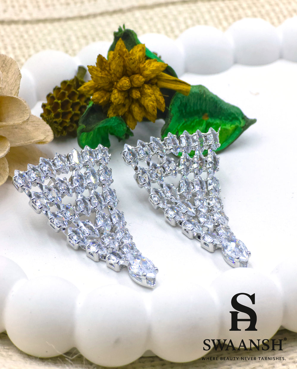Silver fan-shaped earrings with marquise crystals and a pear-cut drop – Swaansh