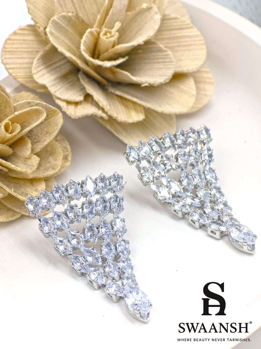 Silver fan-shaped earrings with marquise crystals and a pear-cut drop – Swaansh