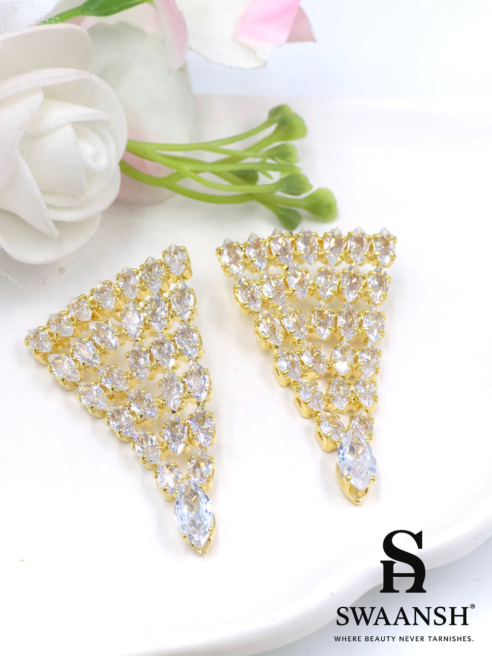 Gold fan-shaped earrings with marquise lattice and pear-cut crystal drop – Swaansh