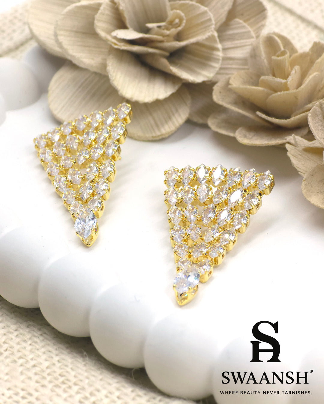 Gold fan-shaped earrings with marquise lattice and pear-cut crystal drop – Swaansh