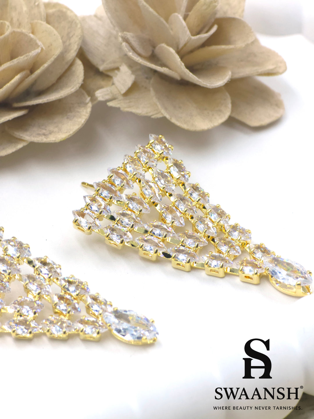Gold fan-shaped earrings with marquise lattice and pear-cut crystal drop – Swaansh