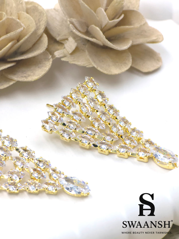 Gold fan-shaped earrings with marquise lattice and pear-cut crystal drop – Swaansh