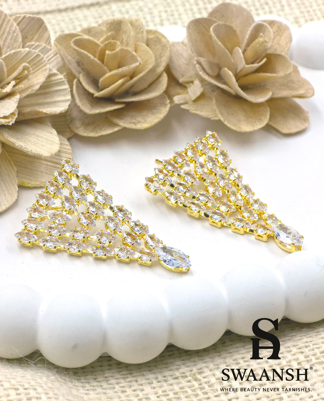 Gold fan-shaped earrings with marquise lattice and pear-cut crystal drop – Swaansh