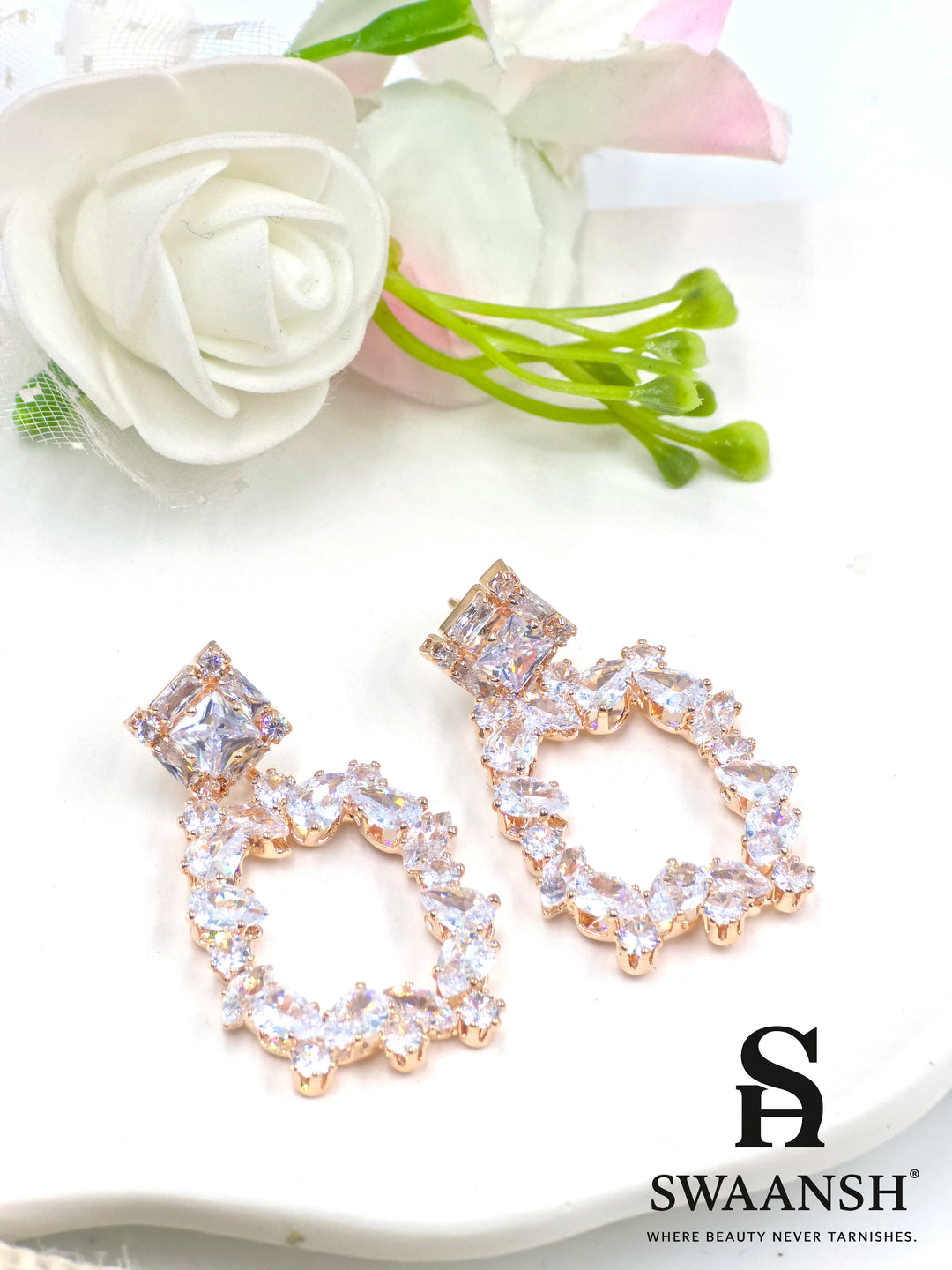 Rose gold drop earrings with princess-cut stud and marquise-framed design – Swaansh