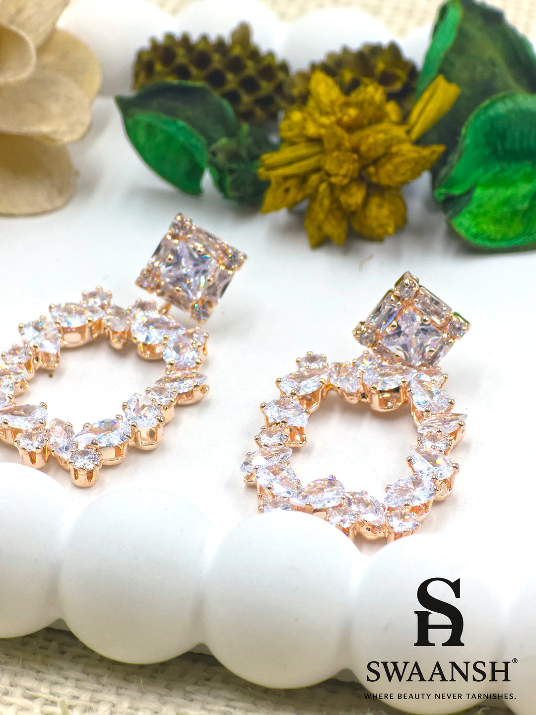 Rose gold drop earrings with princess-cut stud and marquise-framed design – Swaansh
