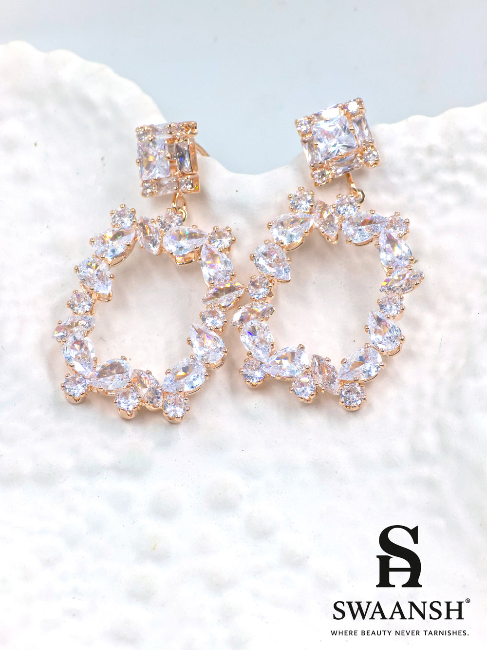 Rose gold drop earrings with princess-cut stud and marquise-framed design – Swaansh