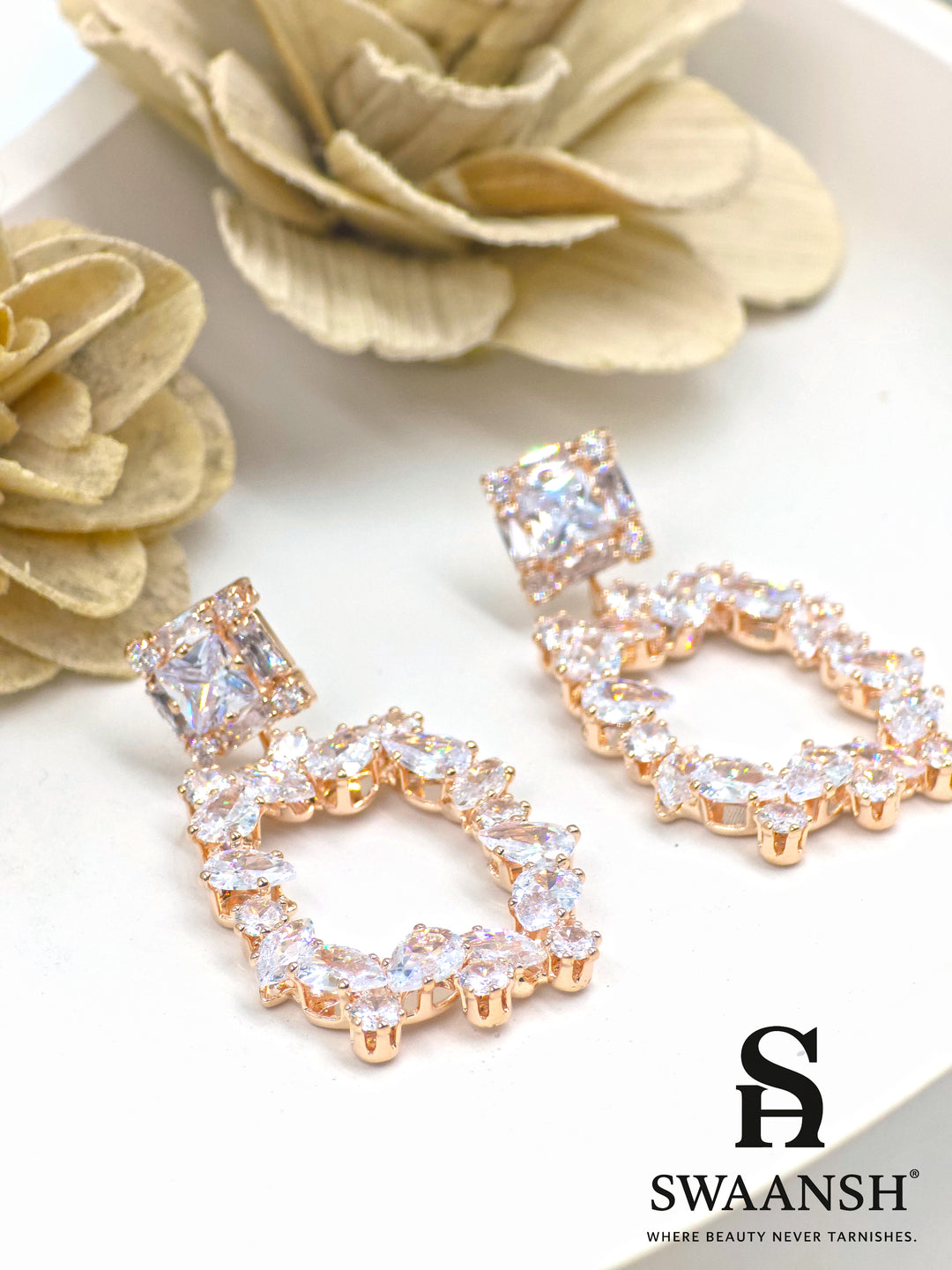 Rose gold drop earrings with princess-cut stud and marquise-framed design – Swaansh