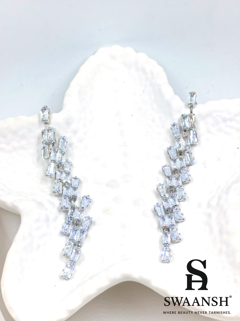 Silver stiletto-style long earrings with cascading baguette-cut zirconia – Swaansh