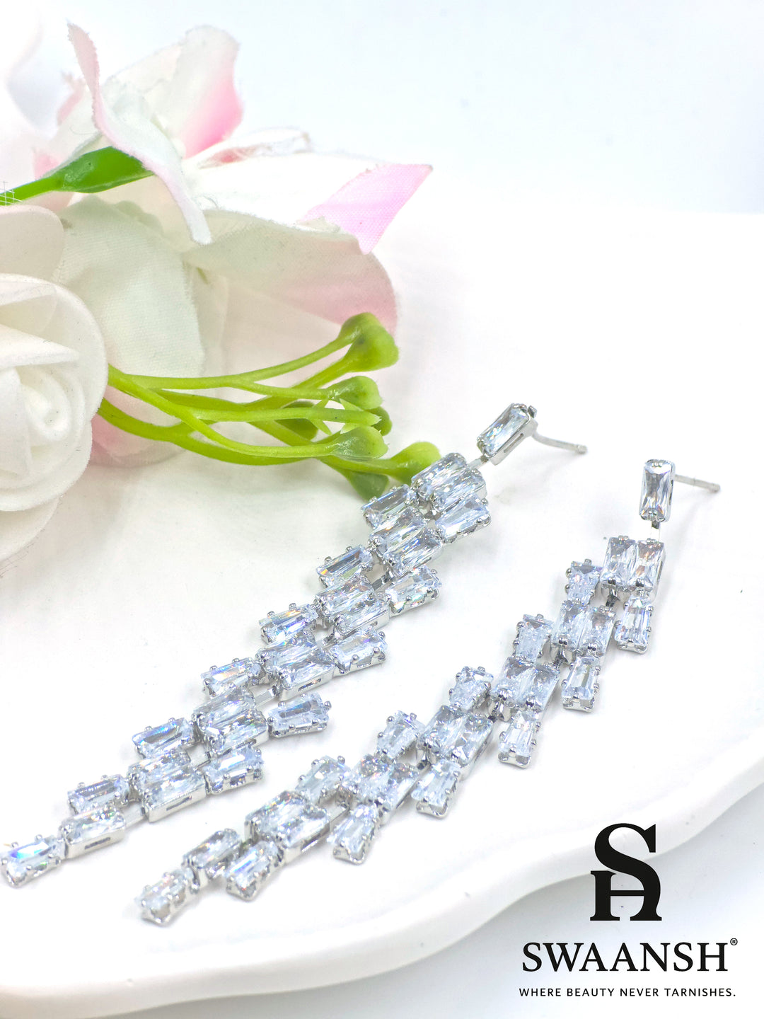 Silver stiletto-style long earrings with cascading baguette-cut zirconia – Swaansh