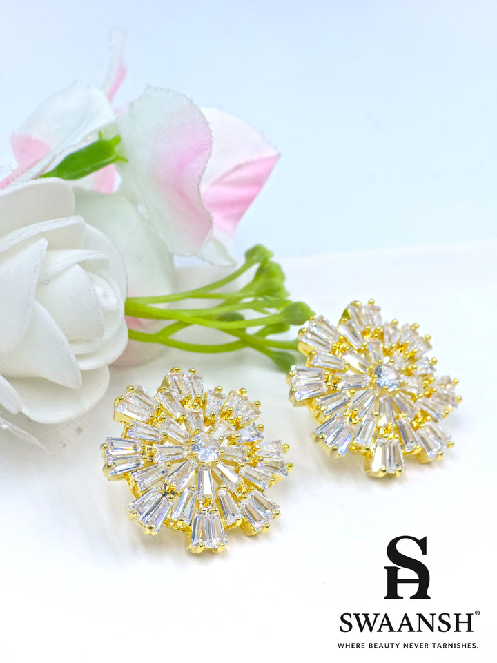 Gold burst earrings with baguette-cut zirconia and central round stone – Swaansh