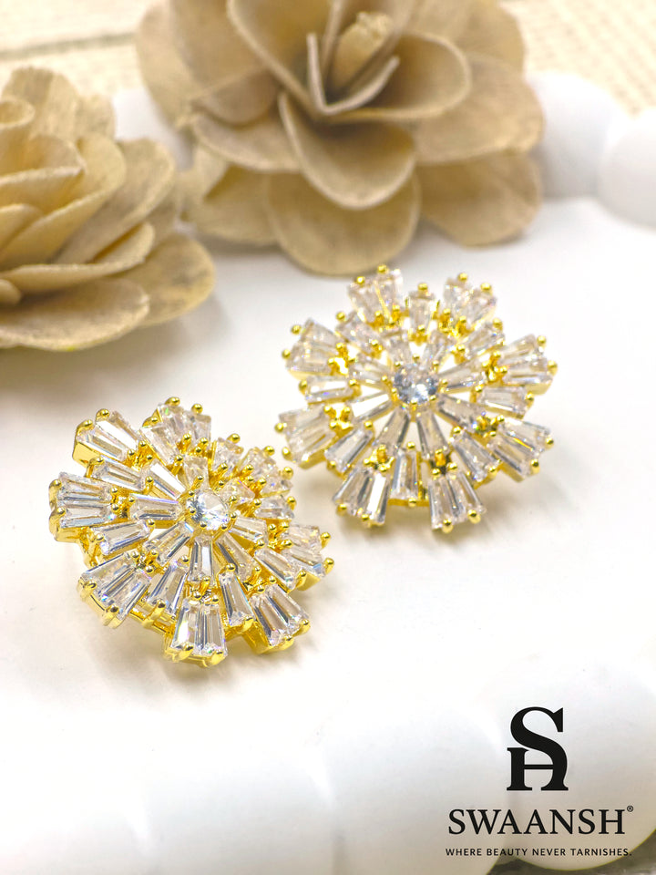Gold burst earrings with baguette-cut zirconia and central round stone – Swaansh