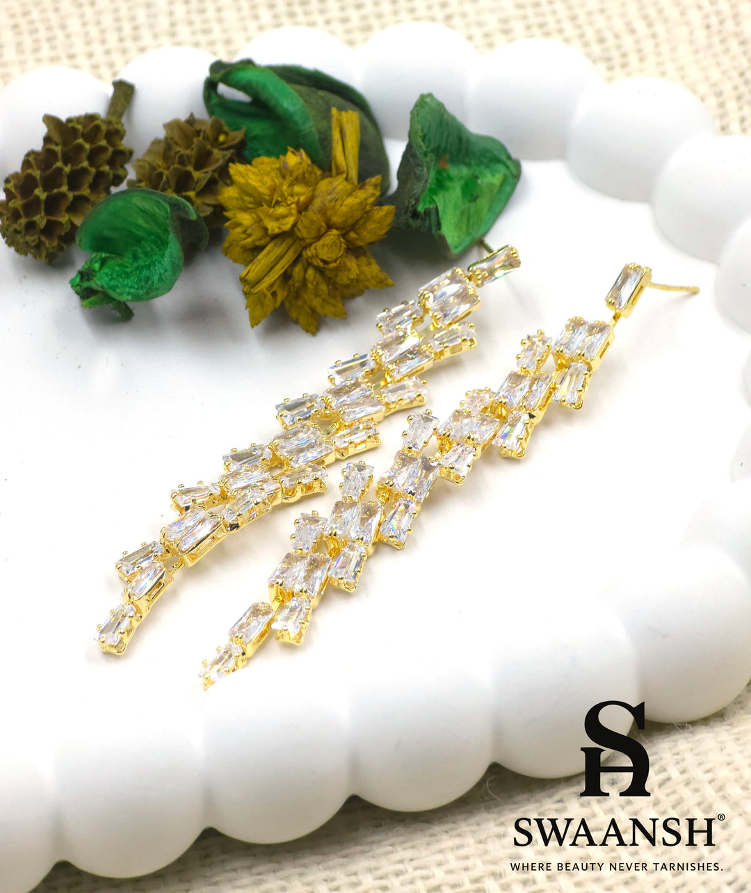 Gold long drop earrings with angular baguette-cut zirconia cascade – Swaansh