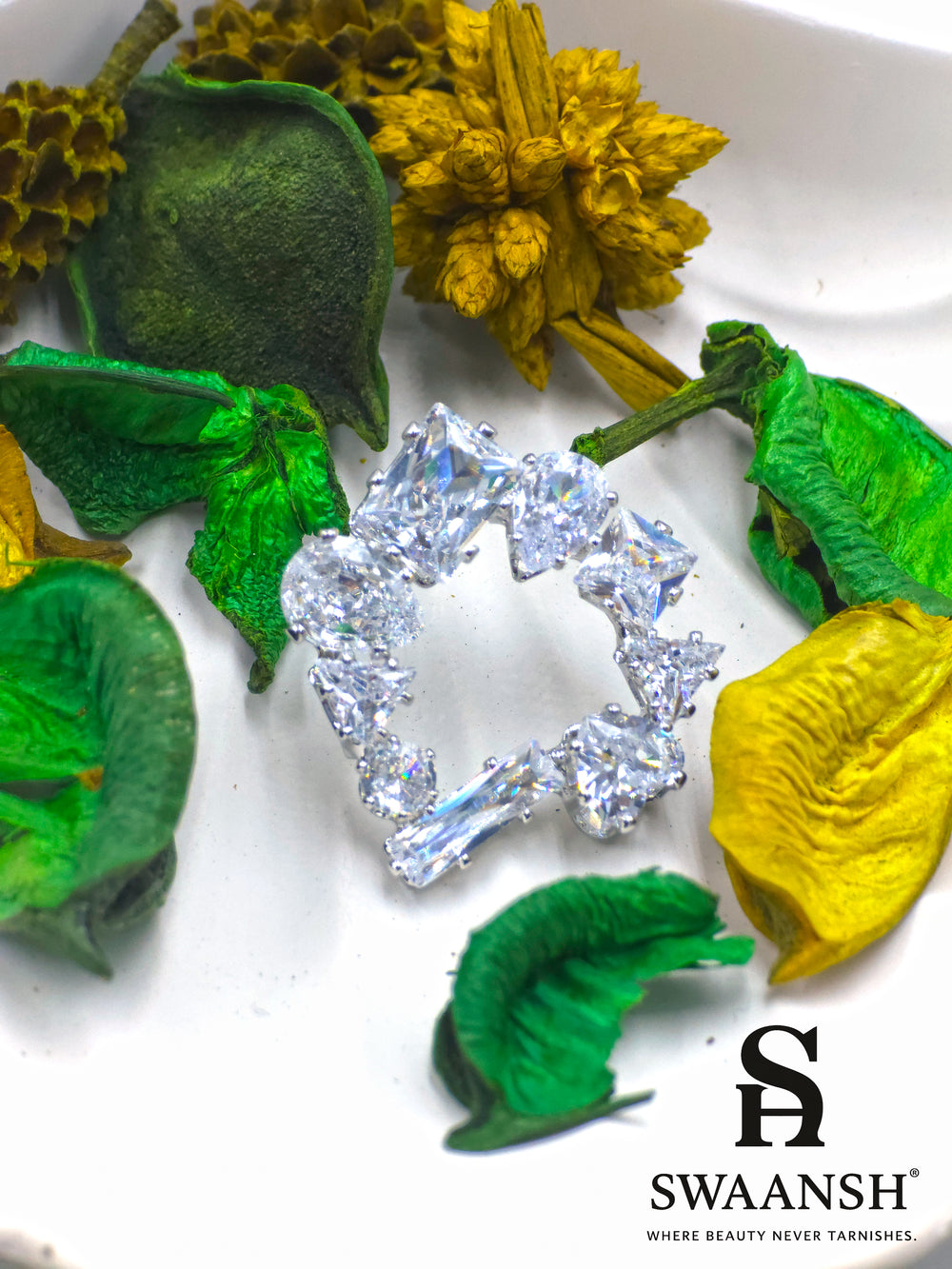 Asymmetric silver open-stud earrings with mixed zirconia cuts – Swaansh