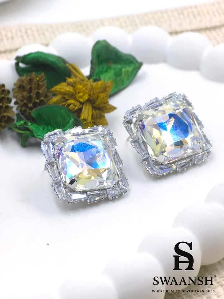 Silver radiant-cut prism stud earrings with baguette zirconia halo – Swaansh